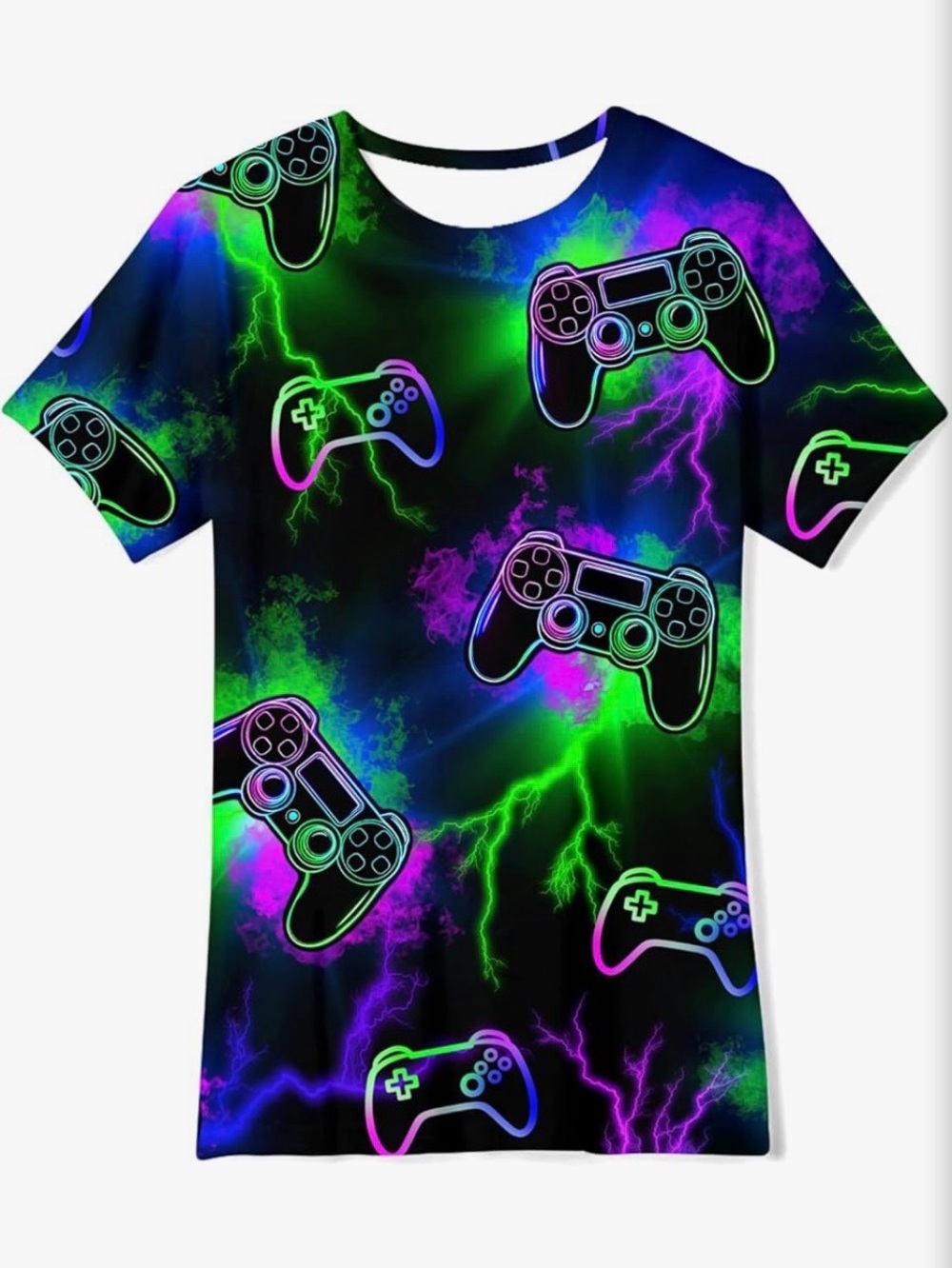 Neon Gaming Controllers Graphic Tee - Black Green Purple